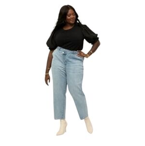ELOQUII Baggy Straight Plus Asymmetrical Waist Ankle Denim Pants Jeans Size 14